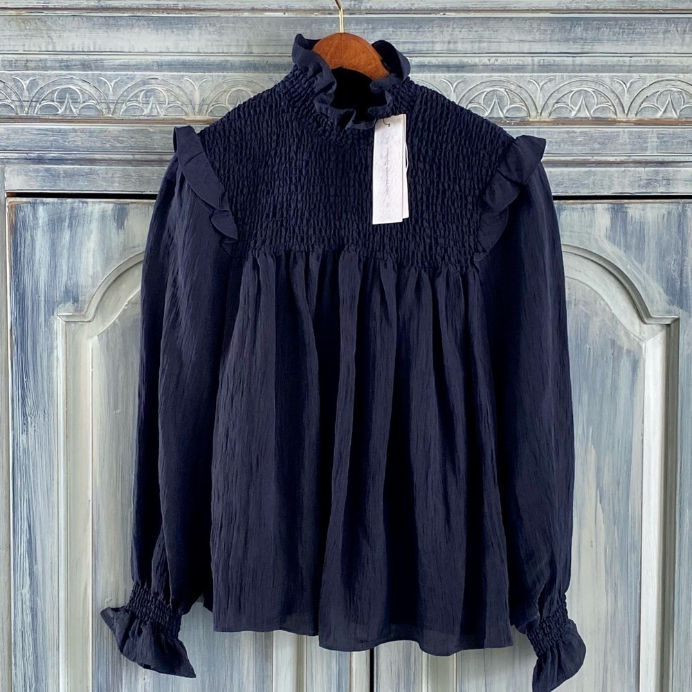 French Connection Boza Ruffle Neck Blouse, Utility Blue - Picture 3 of 14
